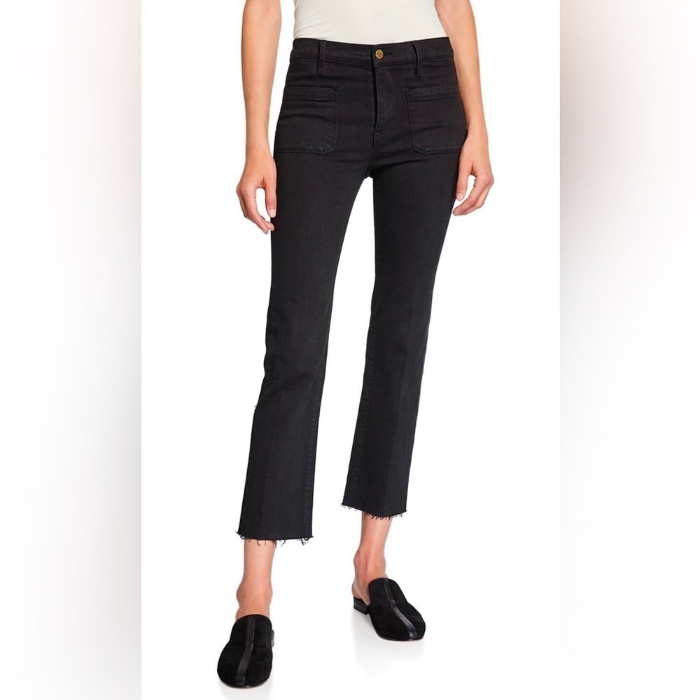 FRAME Le Bardot Straight Raw-Edge Jeans Film‎ Noir 25 Crop Ankle Denim
